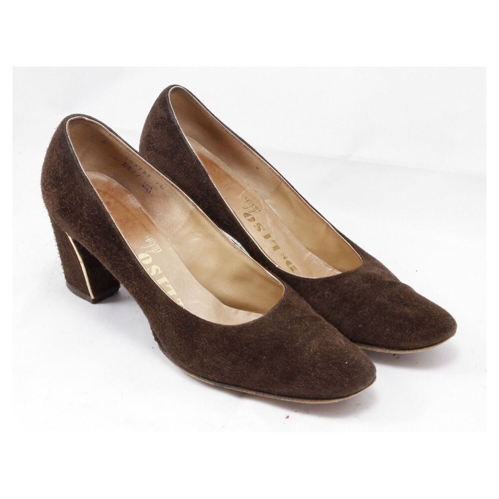 DeLiso Debs Brown Suede Gold Piping Leather Women's sz 7 A 2.5" Heels Vtg. Cool